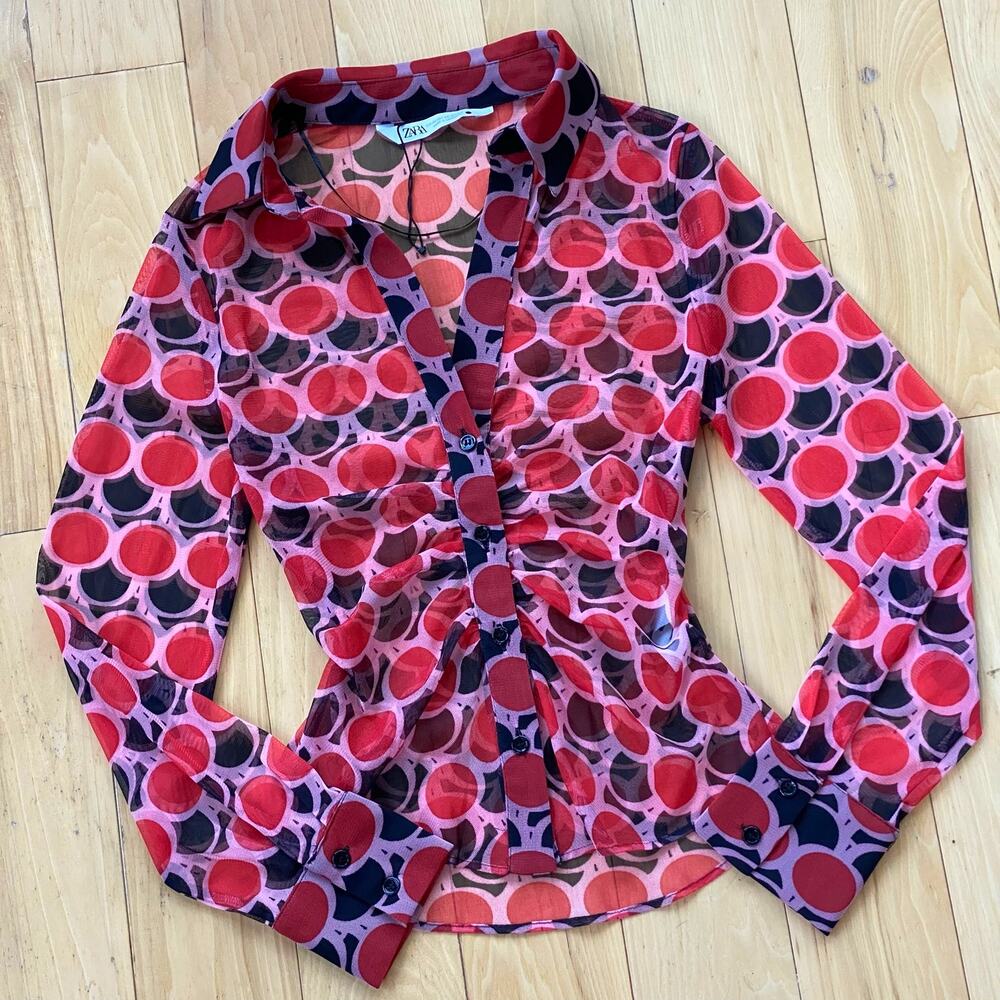 Zara Sheer Micro Mesh Op Art Blouse XS Y2K Geometric Fitted Top Pucci Style